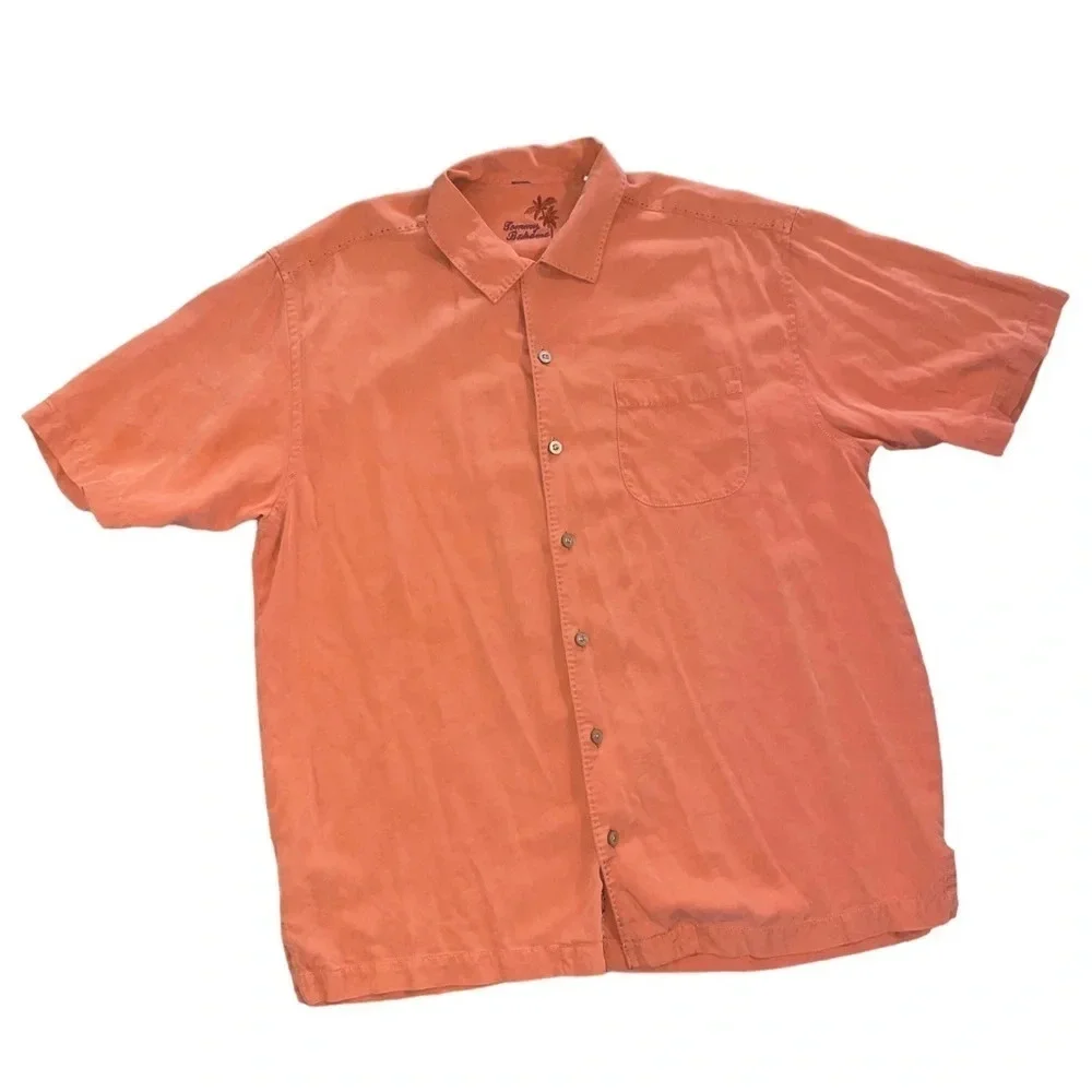 TOMMY BAHAMA Button Shirt 100% Silk Orange Men’s Size Large Tropical Beach - Picture 1 of 10